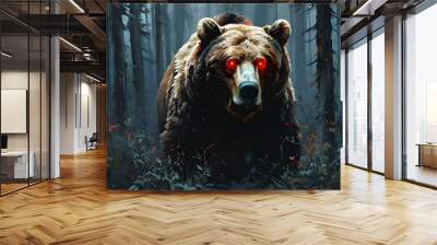 Eerie red eyes of a bear emerge from the shadows of a dense forest, creating an atmosphere of mystery and intrigue. Wall mural