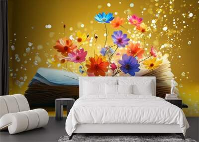 Enchanting display of a levitating open book surrounded by vibrant glowing flowers against a bright yellow backdrop Wall mural