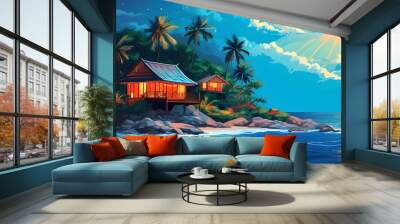 Enchanting evening glow over a charming cottage on a tropical island with a stunning gradient sky and warm sunlight Wall mural