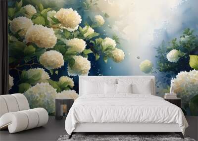 Enchanting floating hydrangea blossoms in a dreamy watercolor landscape Wall mural