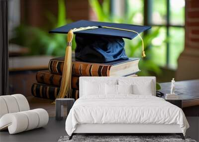 Exciting Back to School Essentials Featuring Books, Accessories, and a Graduation Hat Wall mural