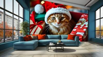 Festive ginger cat wearing Santas hat nestled in a colorful gift box for Christmas Wall mural