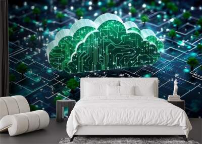 Futuristic digital cloud with circuit board backdrop symbolizing advanced computing, data storage solutions, and cybersecurity innovations Wall mural