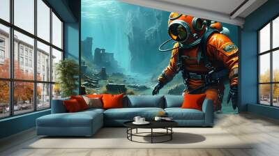 Futuristic Diver Navigating Enigmatic Underwater Town Ruins in Post-Apocalyptic Digital Art Illustration Wall mural