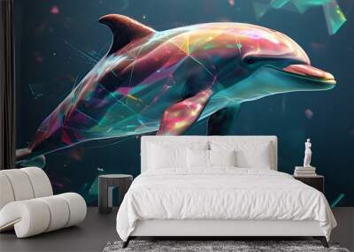 Futuristic dolphin leaping through a vibrant ocean of holographic geometric shapes in a stunning digital art landscape Wall mural