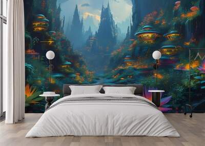 Futuristic Fantasy Village Illuminated by Bioluminescent Plants in a Vibrant Mystical Landscape Wall mural