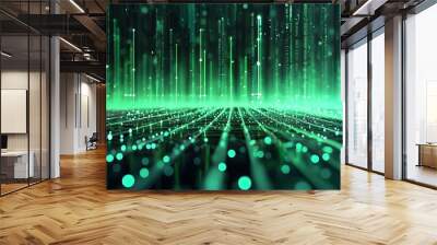 Futuristic green abstract background with sound waves, connection dots, and bokeh art, representing data transfer and audio streaming in technology. Wall mural