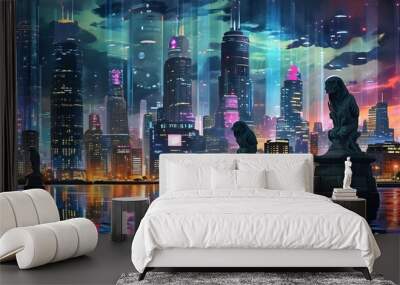 Futuristic mythical cityscape with holographic displays and stone gargoyles illuminated under a starry night sky in watercolor style Wall mural