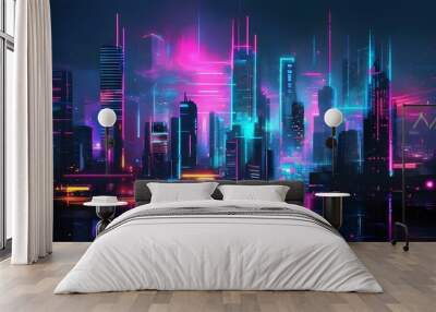 Futuristic Neon Cityscape Bathed in Cyberpunk Glow, Highlighting Technology, Innovation, Urban Life, and the Digital Realm Wall mural