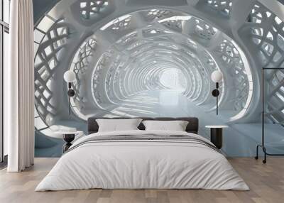 Futuristic White Architectural Tunnel with Latticework Pattern Symbolizing Innovation and Connectivity Wall mural