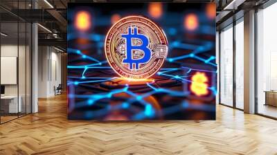 Glowing connections between cryptocurrency icons representing decentralized finance in a dynamic 3D illustration Wall mural