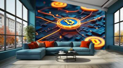 Glowing connections between cryptocurrency icons representing decentralized finance in a dynamic 3D illustration Wall mural