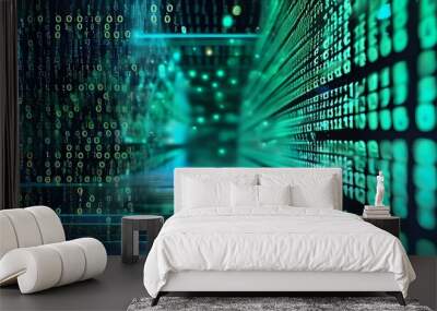 Glowing green and blue binary code in an abstract digital backdrop Wall mural