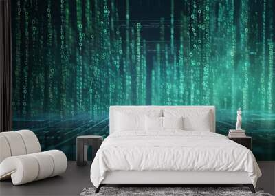 Glowing green and blue binary code in an abstract digital backdrop Wall mural