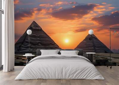 Golden sunset illuminating the majestic pyramids of Giza Wall mural