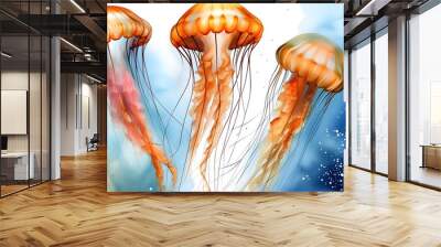 Graceful watercolor jellyfish drifting in serene ocean depths Wall mural