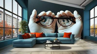 Hands gripping eyeglasses in a clinical environment emphasizing the significance of vision and eye health Wall mural