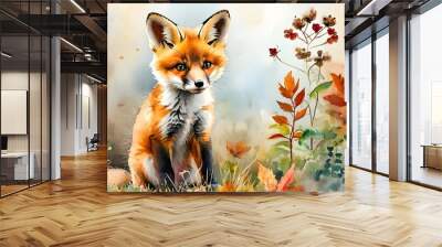 Happy Baby Red Fox in Autumn Garden Watercolor Illustration for Home Decor and Childrens Room Wall mural