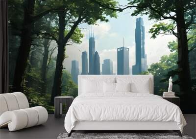 Harmonious juxtaposition of lush forest and towering skyscrapers in a tranquil urban landscape Wall mural