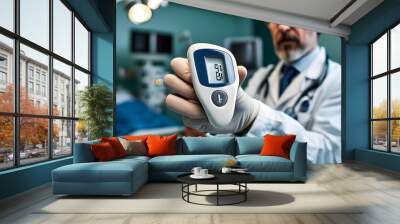 Healthcare professional using a digital thermometer in a modern medical setting, showcasing advancements in medical technology and professional care Wall mural