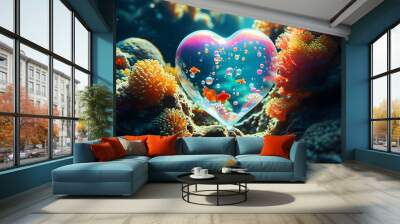 Heart-shaped bubble encasing vibrant coral and a small fish in a radiant underwater paradise illuminated by sun rays Wall mural