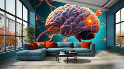 Illuminated digital human brain showcasing vibrant neural connections for neuroscience research and educational insights Wall mural