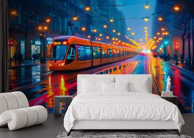 Illuminated tram navigating vibrant city streets at night, reflecting colorful lights on rain-soaked pavement in a bustling urban transportation scene Wall mural