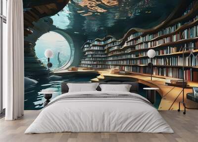 immersive 3D underwater library filled with floating books and ethereal aquatic vegetation Wall mural