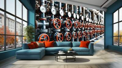 Industrial workshop filled with interconnected iron pipes, valves, and advanced chemical processing equipment Wall mural