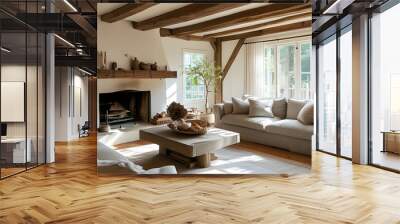 Inviting living room with a warm fireplace, plush couch, and bright natural light, adorned with rustic wood beams in soothing neutral tones. Wall mural