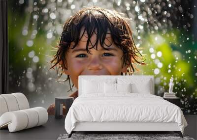 Joyful child splashes in a sunny fountain, laughter and wet hair capturing the essence of carefree summer fun Wall mural