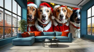 Joyful dogs in festive Christmas costumes celebrating the holiday season with cheer and camaraderie Wall mural