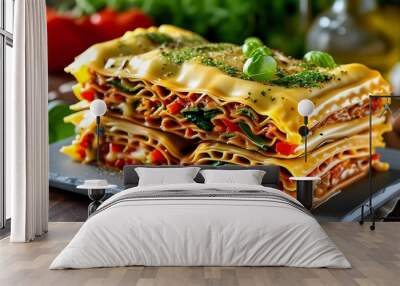 Layered vegetable lasagna showcasing Italian culinary tradition on a beautifully set dining table Wall mural