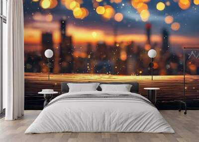 Magical ambiance of sparkling lights over a wooden surface with a blurred city skyline creating an enchanting evening scene. Wall mural