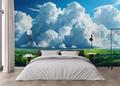 Majestic cloud formation enveloping lush green hills in a breathtaking panorama Wall mural