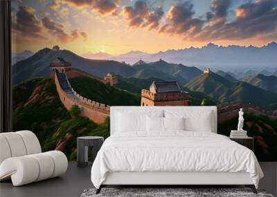 Majestic panorama of the Great Wall snaking through lush mountains under a bright sky Wall mural