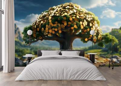 Majestic tree emerging from golden coins, representing economic prosperity amidst a beautiful natural landscape Wall mural