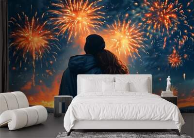 Midnight Embrace Illuminated by Spectacular Fireworks Celebration of Loves Vibrant Splendor Wall mural