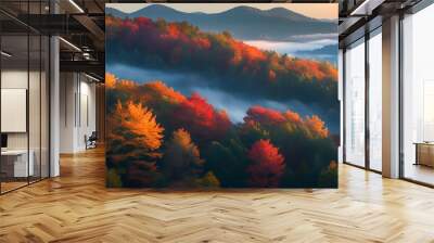 Misty autumn forest at dawn, bathed in gentle light, revealing a tranquil landscape with a vibrant multicolored canopy Wall mural