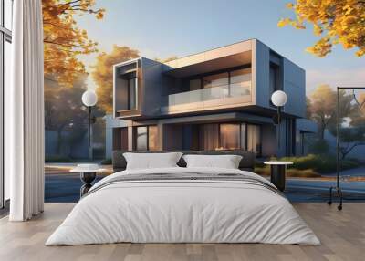 modern cubic house design illuminated by morning light Wall mural