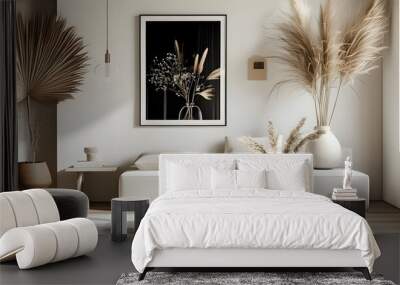 Modern Japandi Fusion: Black Coffee Art, White Square Poster, Pampas Grass, and Stylish Interior Accents for a Contemporary Living Room Wall mural