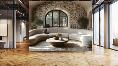 Modern Mediterranean Living Room with Curved Sofa and Arched Window Accentuated by Stone Tiled Wall Wall mural