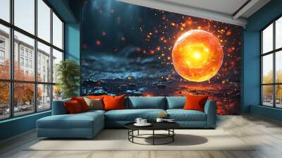 Mystical abstract energy sphere radiating orange glow with bright particles and sparks in a dark, enchanting setting Wall mural