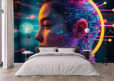 Neon-Illuminated Side Profile of Human Face Connected by Digital Nodes, Symbolizing Artificial Intelligence and an Interconnected Technological Universe Wall mural