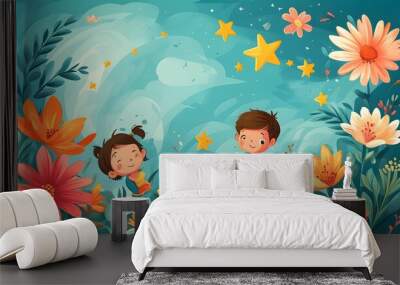 Playful Children Among Colorful Flowers with Star Ratings for Creative Flyers and Postcards Wall mural