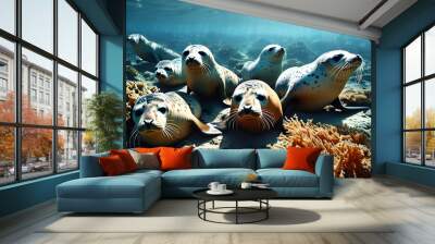 playful seals frolicking among vibrant coral reefs in a mesmerizing underwater paradise Wall mural