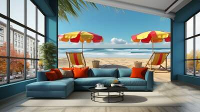 Relaxing beach setting with colorful umbrella and lounge chairs on sandy shore, embodying summer vacation vibes in a 3D rendering. Wall mural