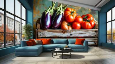 Rustic wooden crate overflowing with vibrant eggplants and tomatoes against a distressed backdrop, celebrating the beauty of farm-fresh produce Wall mural