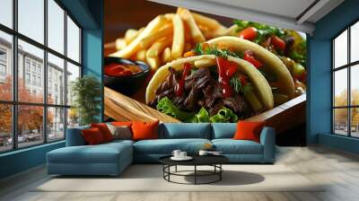 Savory beef wraps with crispy fries, fresh vegetables, and assorted sauces on a rustic wooden plate, crafting a delicious and appealing meal presentation. Wall mural