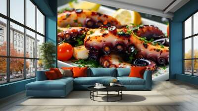 Savory grilled octopus drizzled with lemon and surrounded by vibrant tomatoes Wall mural